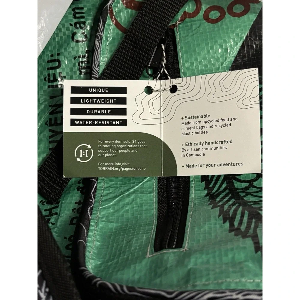 Torrain Upcycled Vietnamese Feed Sack Backpack Green Fish Print NWT